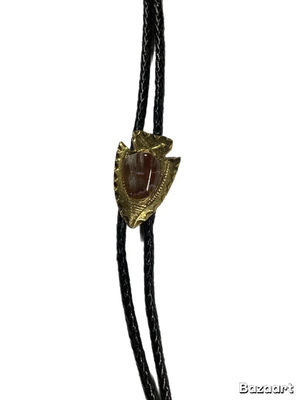 Vintage Gold Tone Arrowhead Bolo Tie Amber Stone Black Leather Cord (217)